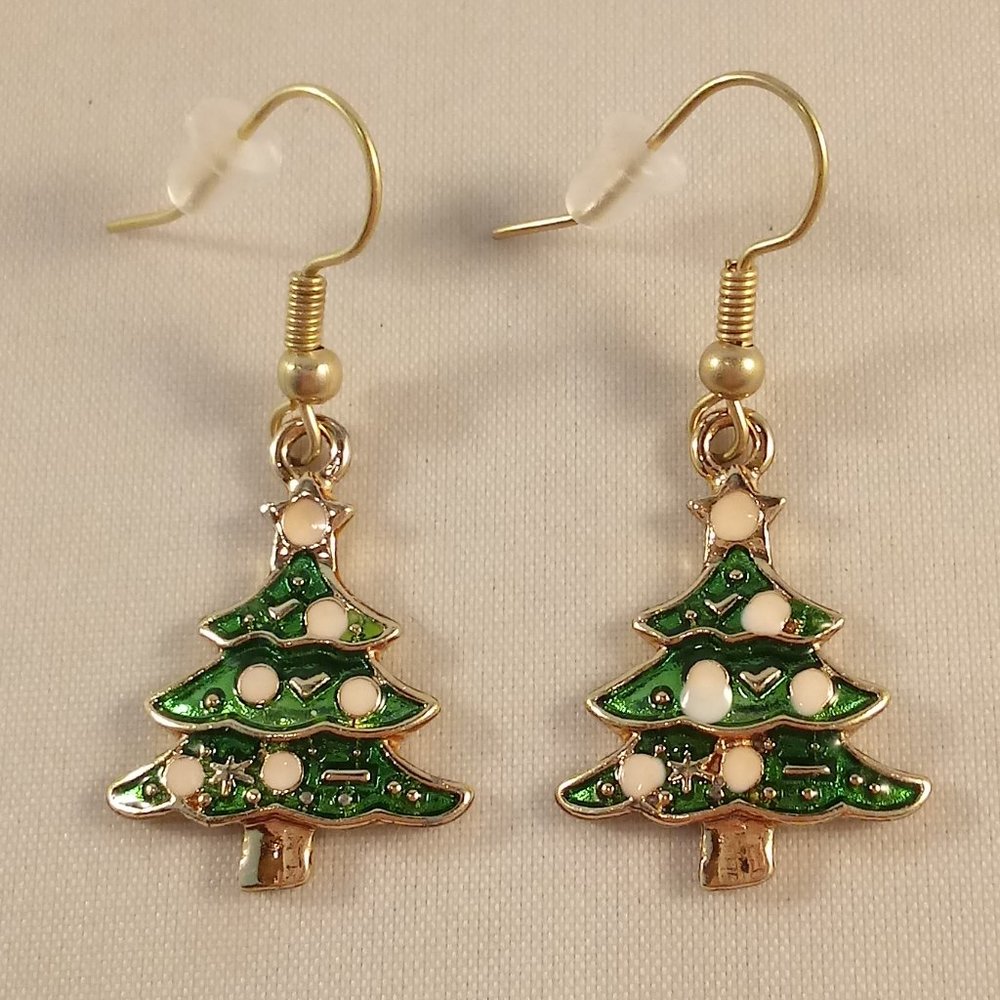Gold Green Christmas Tree Drop Dangle Earrings New Hand Painted Holiday Festive